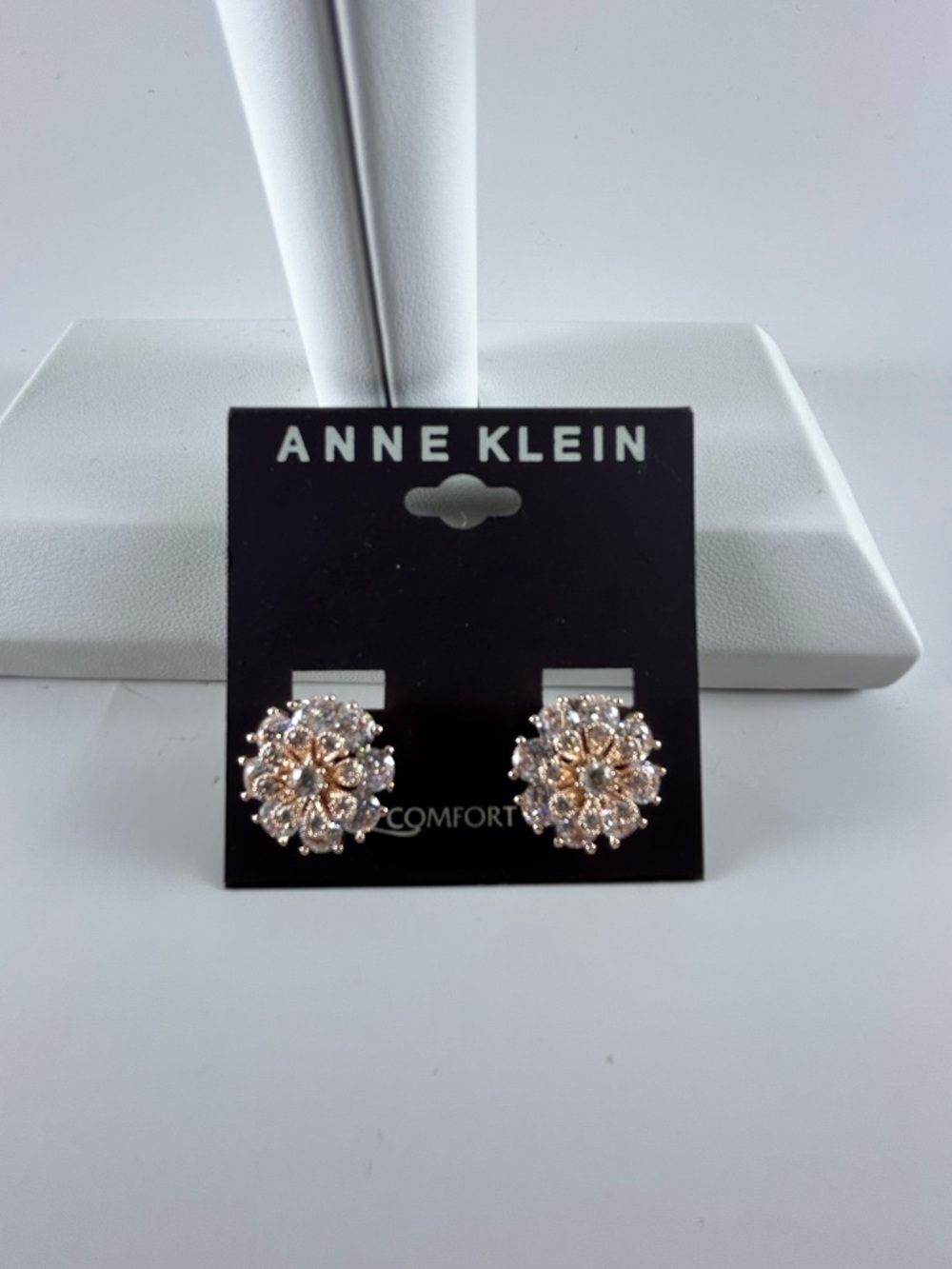 Anne Klein E-Z Comfort Clip Rose Gold and Clear Crystal Floral Clip Earrings